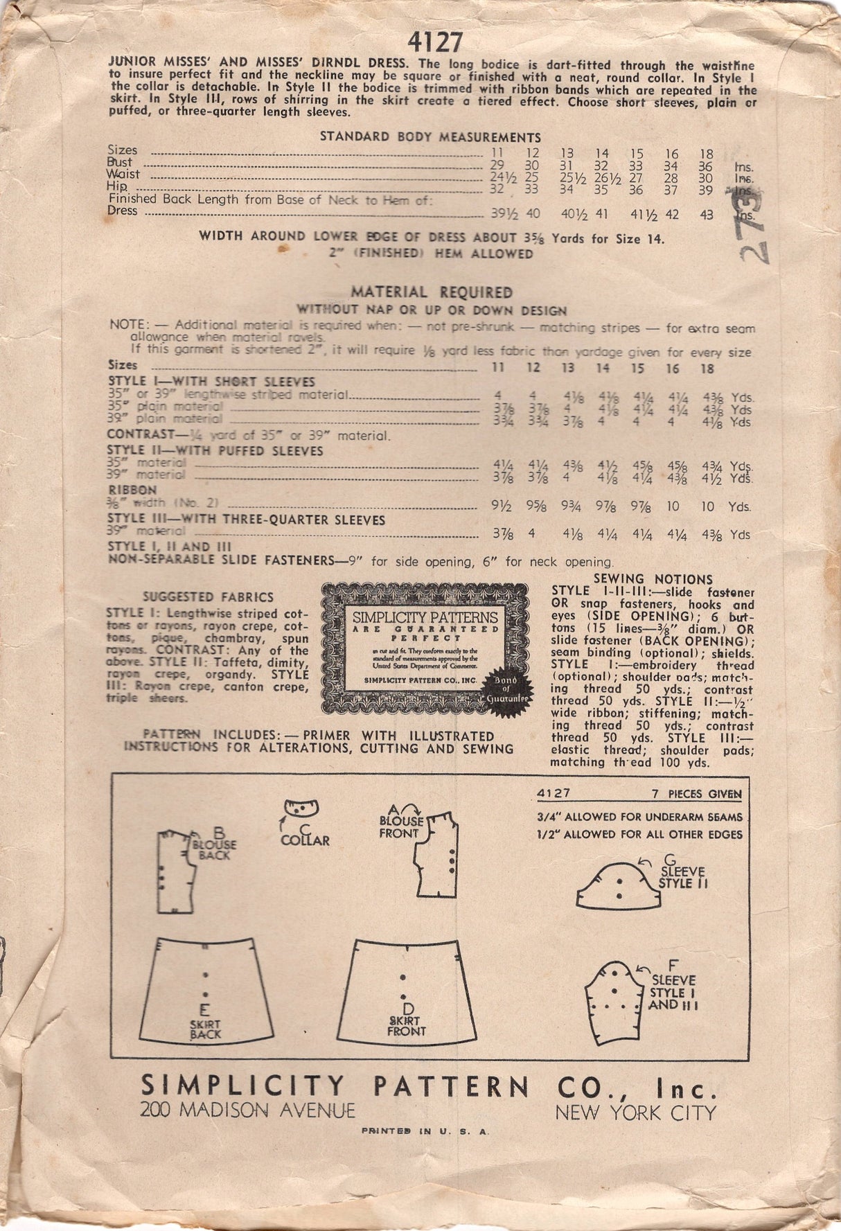 1940's Simplicity One Piece Dress Pattern with Drop Waist Gathered Skirt and Peter Pan Collar - Bust 31" - No. 4127