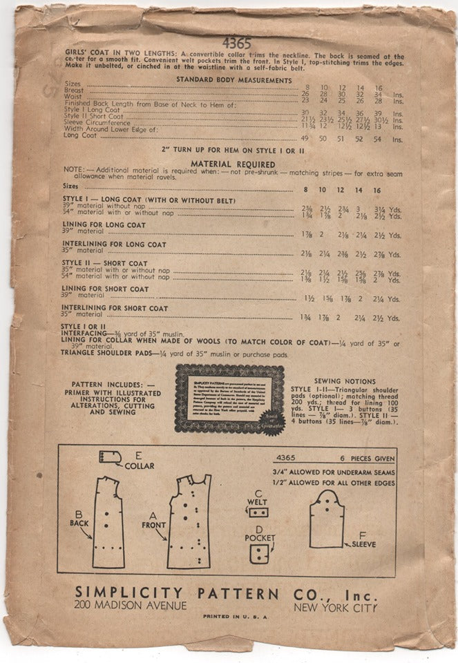 1940's Simplicity Girl's Coat with self-drafted belt Pattern - Bust 26" - No. 4365