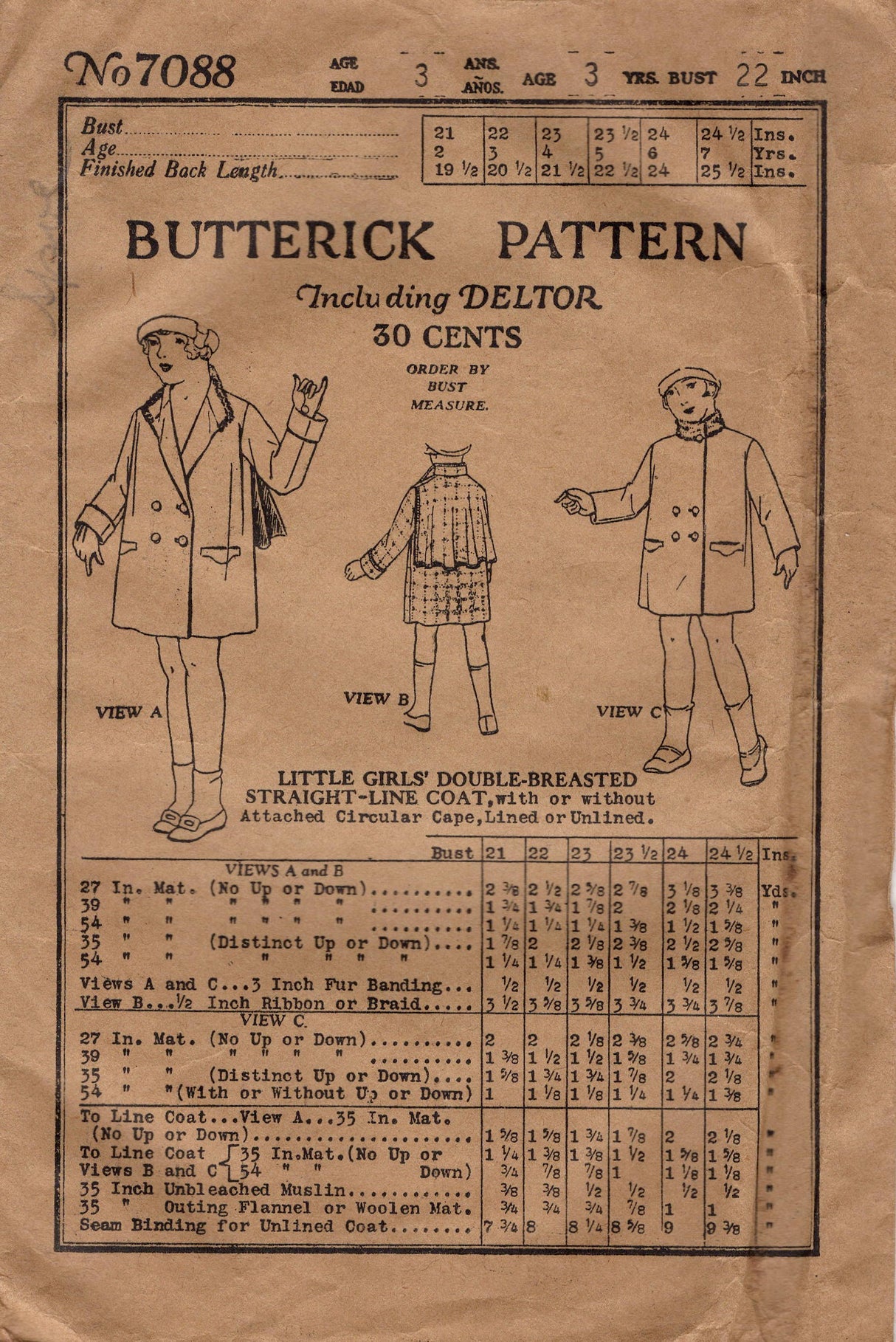 1920's Butterick Child's Coat Pattern with Cape - Chest 22" - No. 7088