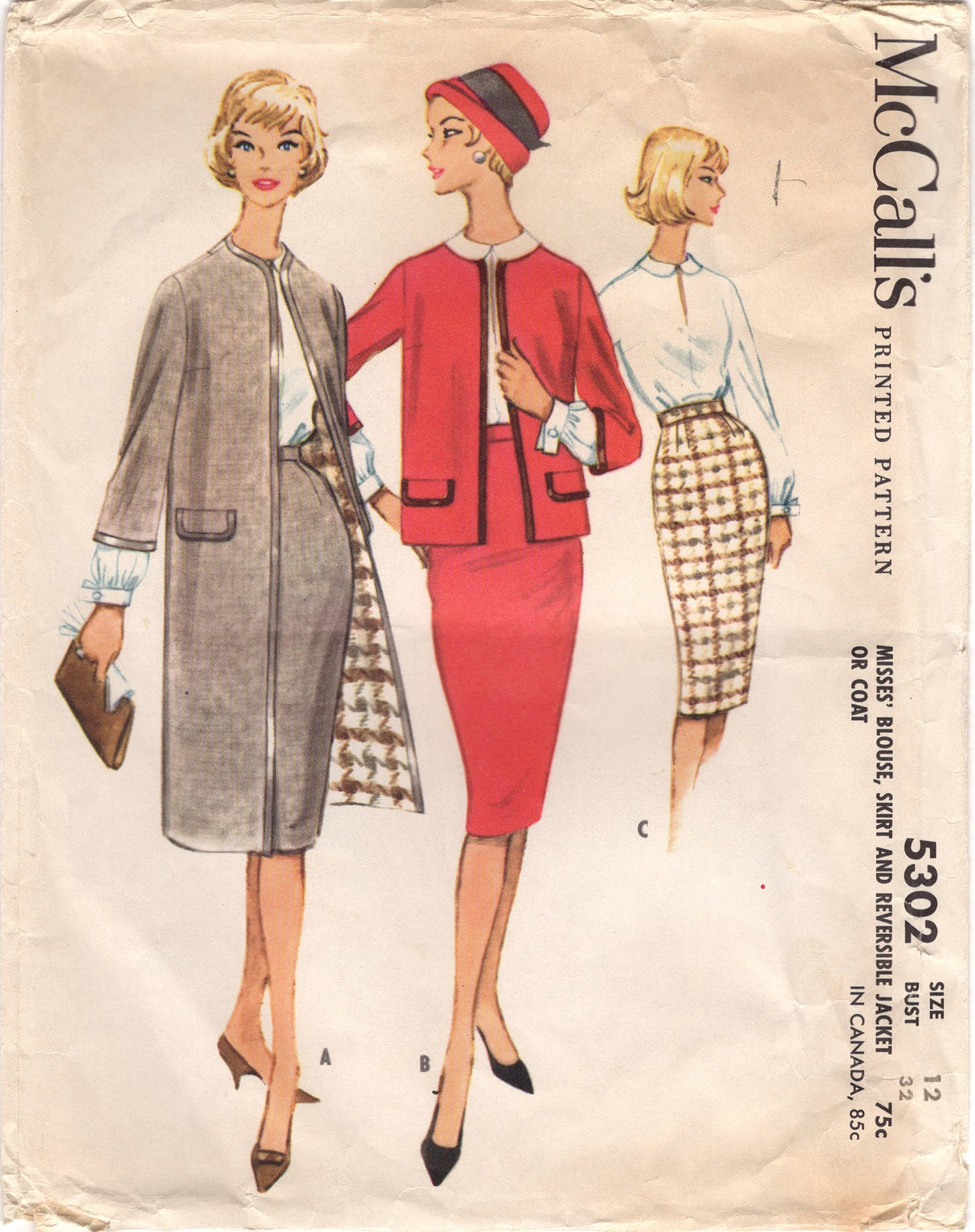1950's McCall's Slit Neckline Blouse, Slim Fit Skirt and Straight Jacket or Coat pattern- Bust 32" - No. 5302