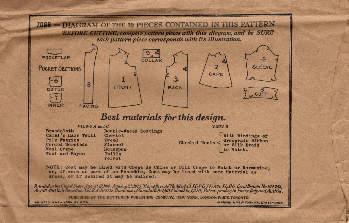 1920's Butterick Child's Coat Pattern with Cape - Chest 22" - No. 7088