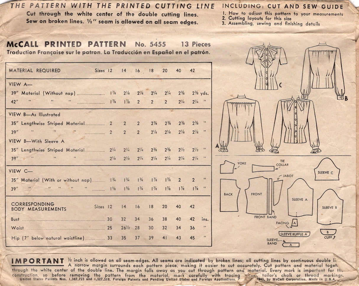 1940's McCall Button Up Blouse with Jabot and Bow at Neck - Bust 30" - No. 5455