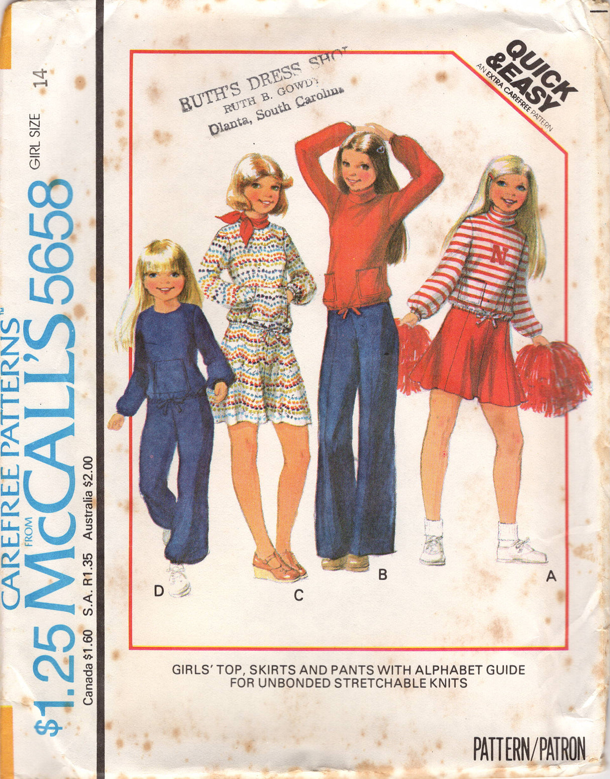 1970's McCall's Child's Pullover Top, Skirt and Pants Pattern with Alphabet guide - Chest 27-32" - No. 5658