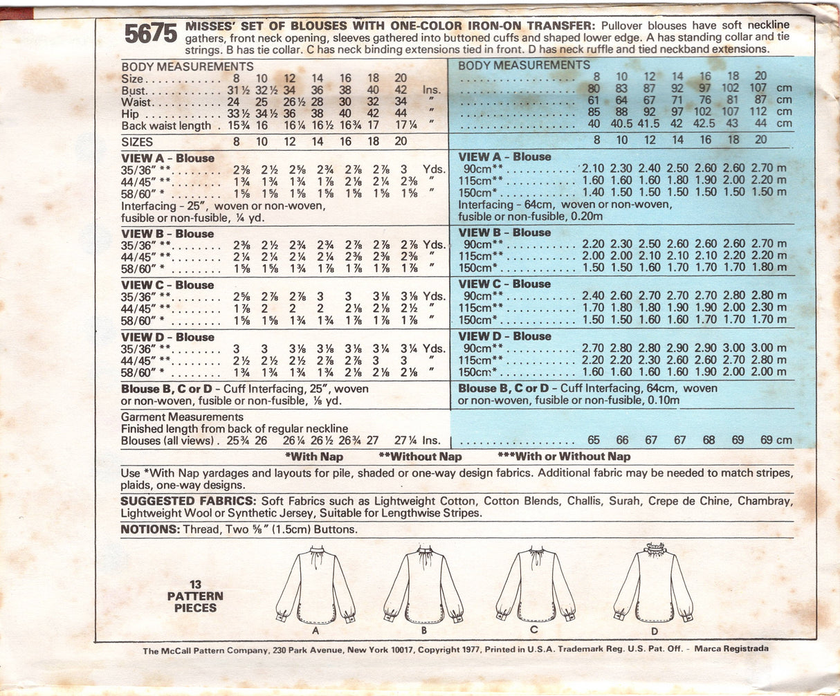 1970's McCall's Slit Neckline Blouse with Stand or Ruffle Collar Pattern - Bust 31.5-32.5" - no. 5675