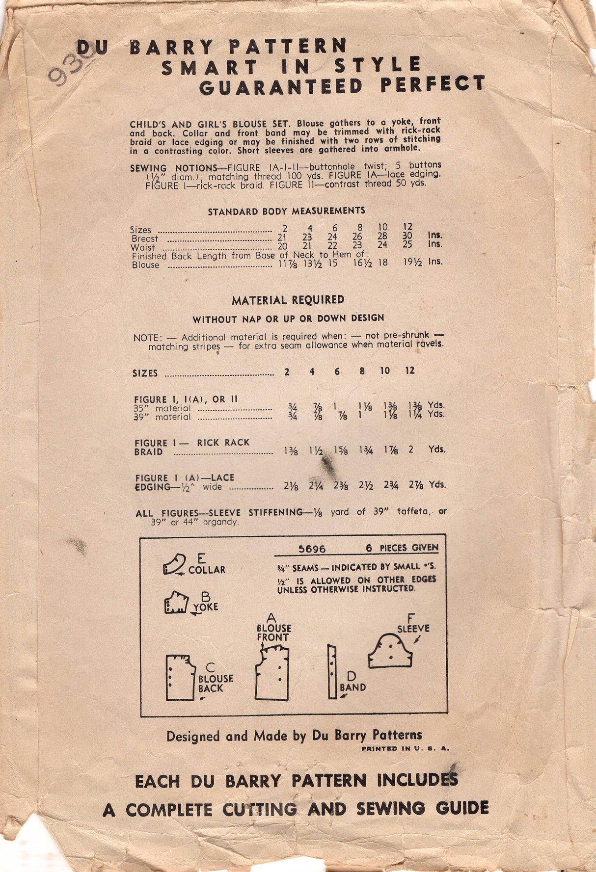 1940’s DuBarry Button-Up Blouse Pattern with Peter Pan collar - Size 2 - No. 5696