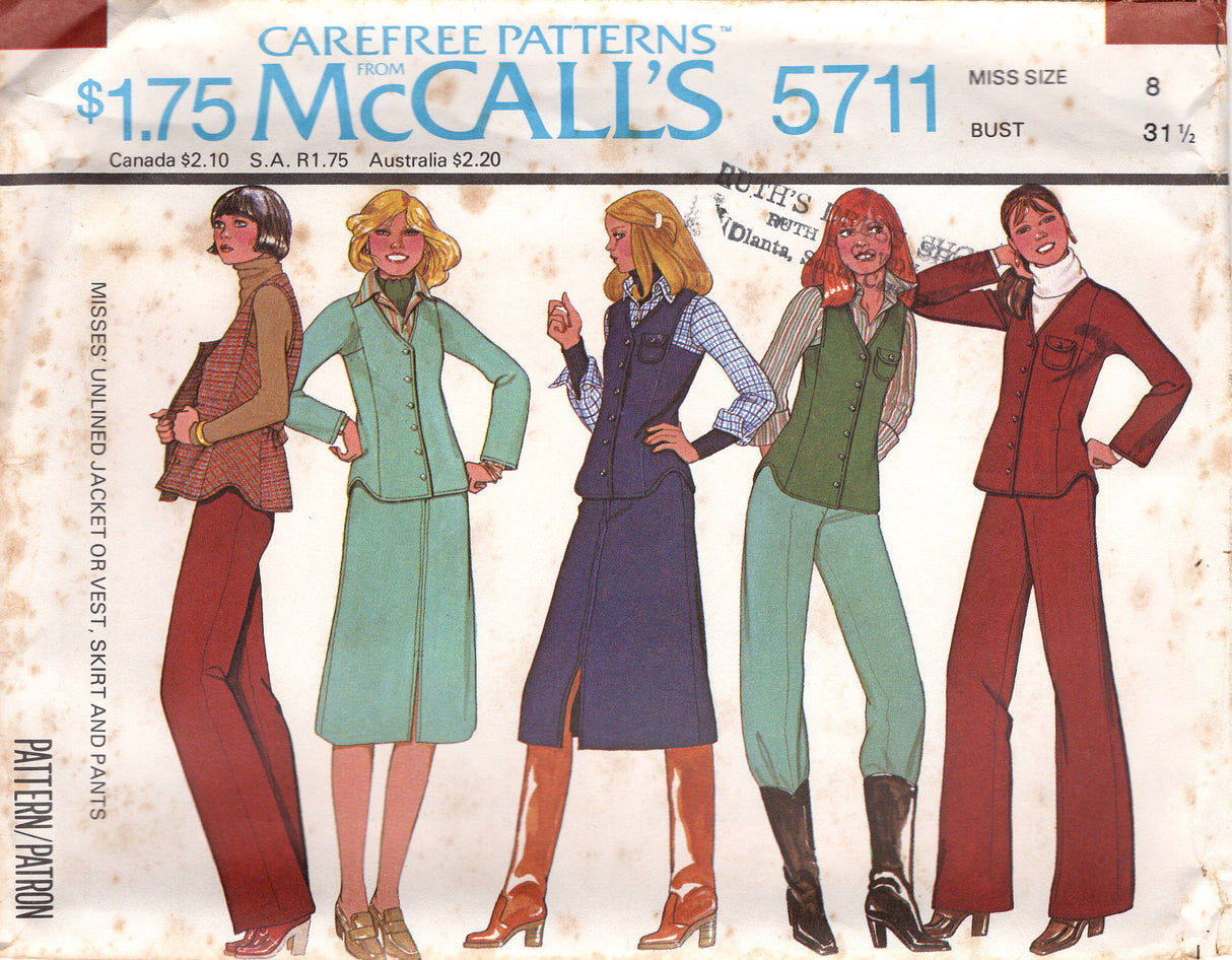 1970's McCall's Vest, Unlined Jacket and Wide Leg Pants or Flared Skirt pattern - Bust 31-38" - No. 5711