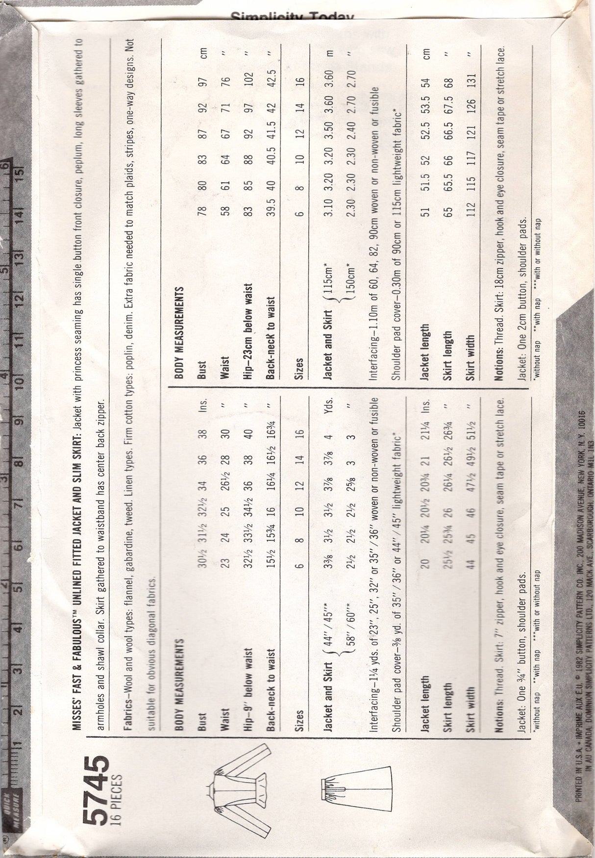 1980's Simplicity Unlined Fitted Jacket with Peplum, and Slim Skirt Pattern - Bust 32.5" - No. 5745