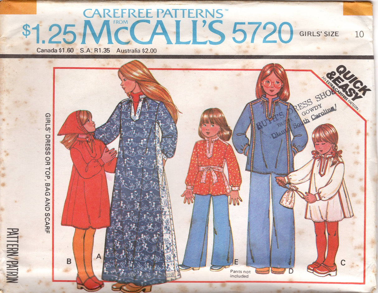 1970's McCall's Child's Dress, Tunic or Top with Stand Collar, Bag and Scarf Pattern  - Child 7-14 - No. 5720