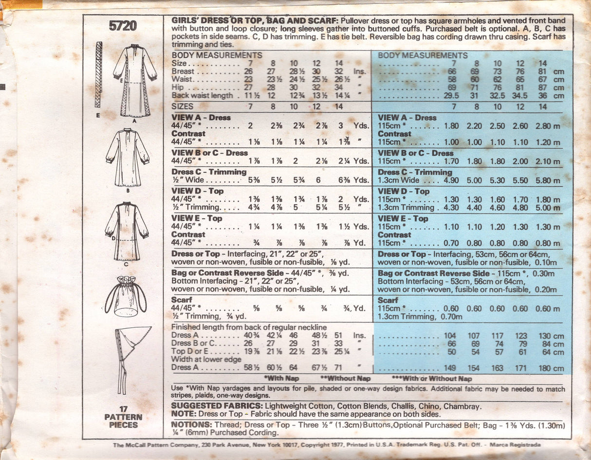 1970's McCall's Child's Dress, Tunic or Top with Stand Collar, Bag and Scarf Pattern  - Child 7-14 - No. 5720