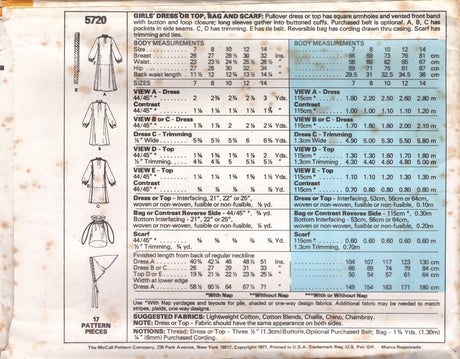 1970's McCall's Child's Dress, Tunic or Top with Stand Collar, Bag and Scarf Pattern  - Child 7-14 - No. 5720
