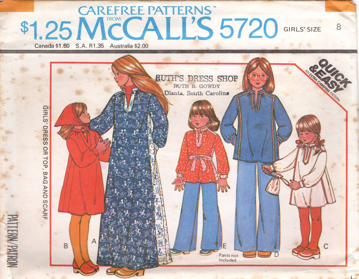 1970's McCall's Child's Dress, Tunic or Top with Stand Collar, Bag and Scarf Pattern  - Child 7-14 - No. 5720