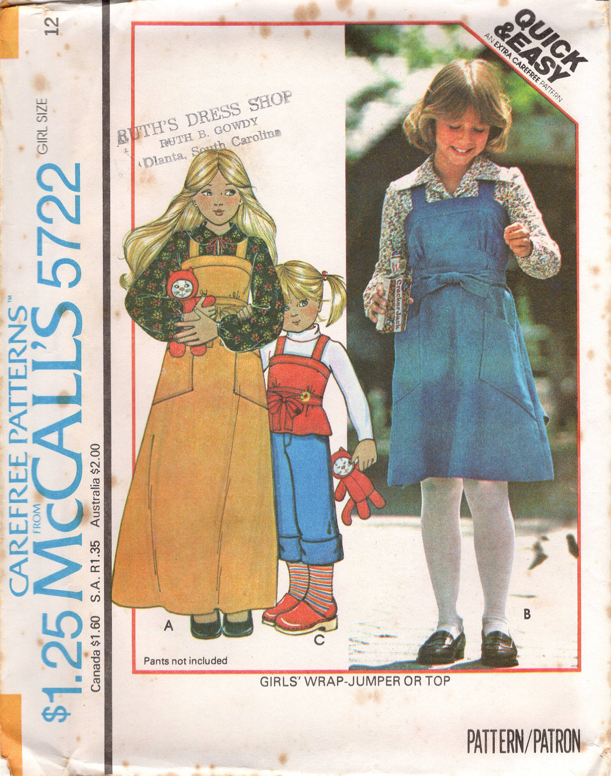 1970's McCall's Back Wrap Dress, TUnic and Top Pattern - Child 7-14 - No. 5722
