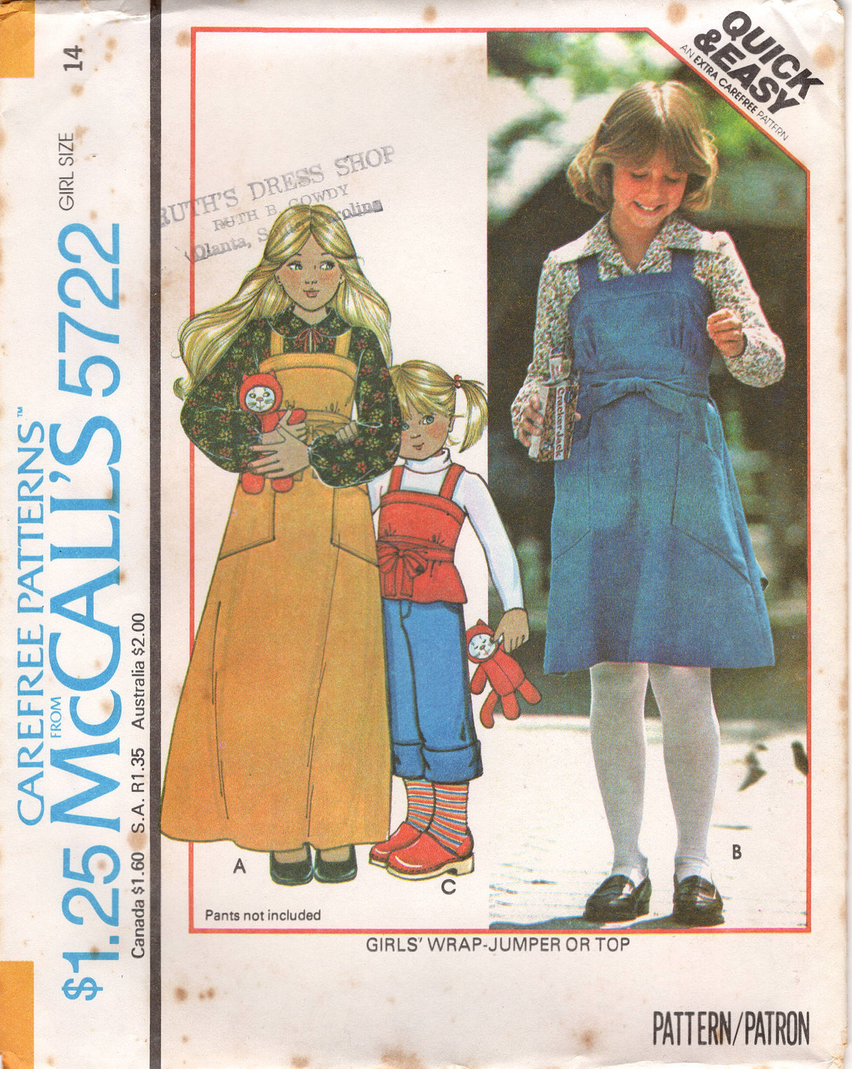 1970's McCall's Back Wrap Dress, TUnic and Top Pattern - Child 7-14 - No. 5722