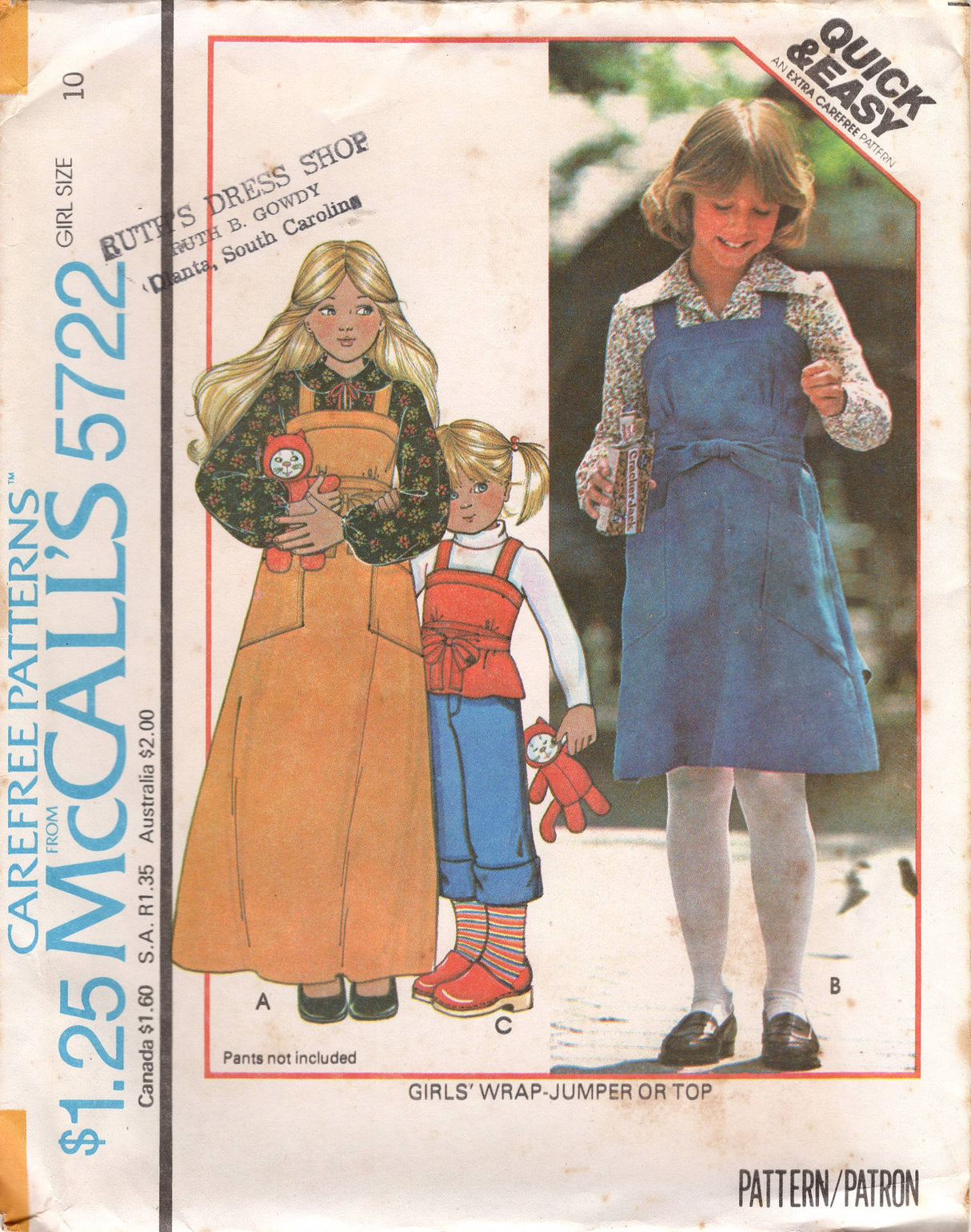 1970's McCall's Back Wrap Dress, TUnic and Top Pattern - Child 7-14 - No. 5722