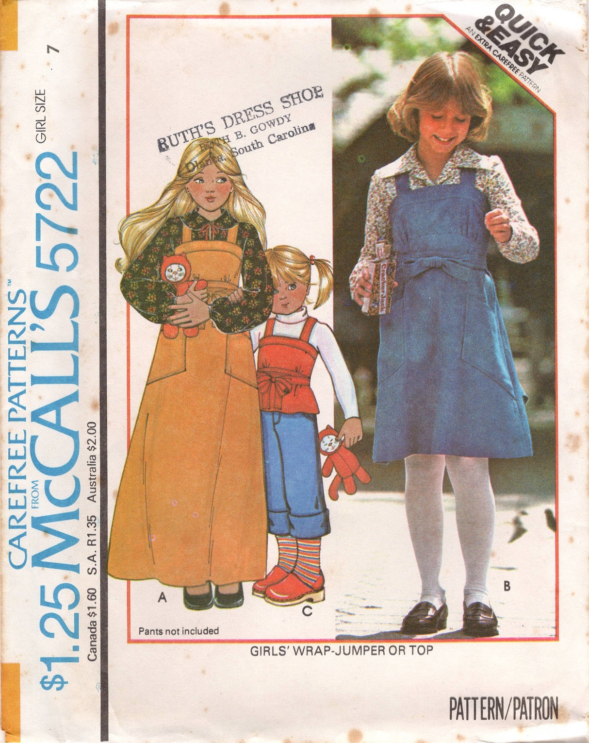 1970's McCall's Back Wrap Dress, TUnic and Top Pattern - Child 7-14 - No. 5722