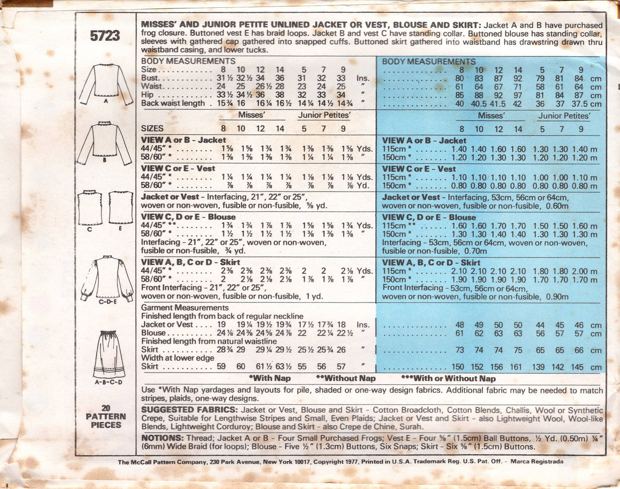 1970's McCall's Blouse with Full Sleeves, Button Up Vest, Unlined Jacket and Flared Skirt with Yoke pattern - Bust 31-36" - No. 5723
