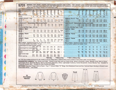 1970's McCall's Top with Round Neckline, Flared Skirt, Pants, and Detachable Dickey and Cuffs pattern - Bust 31.5-36" - No. 5731