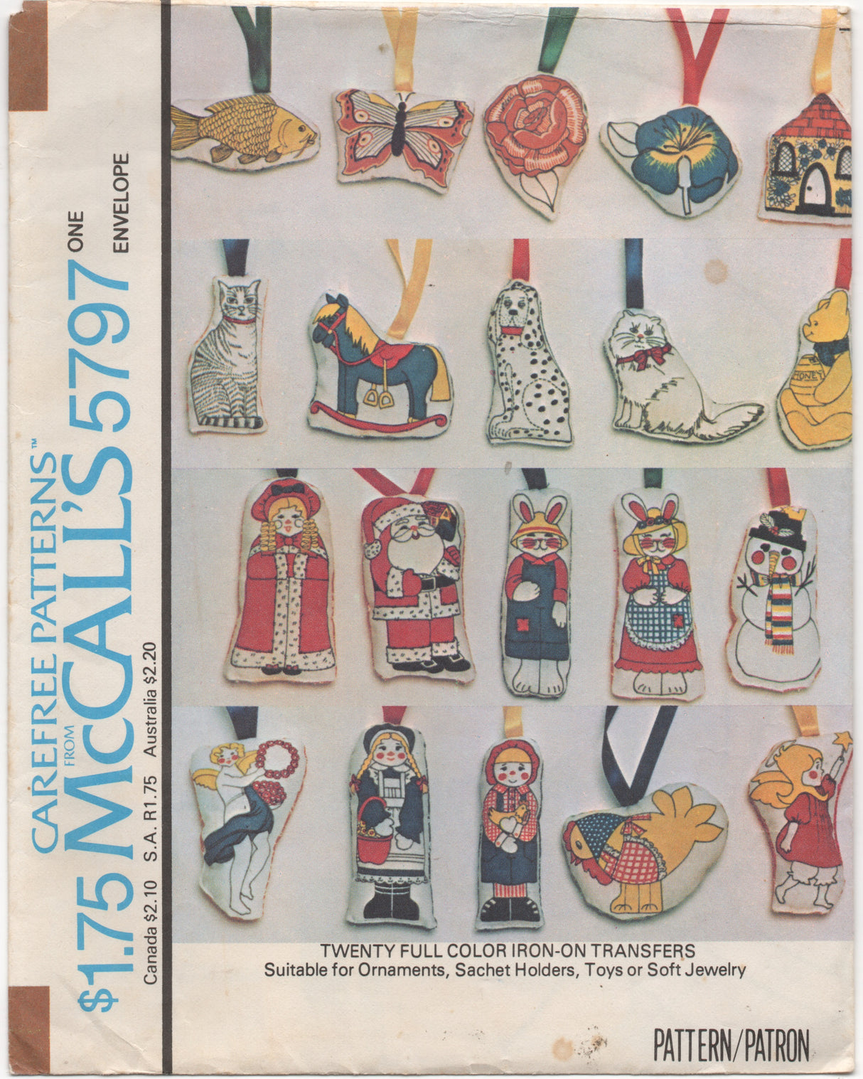 1970's McCall's FULL Color Transfer for ornaments, sachet holder, toys or soft jewelry - UC/FF - No. 5797