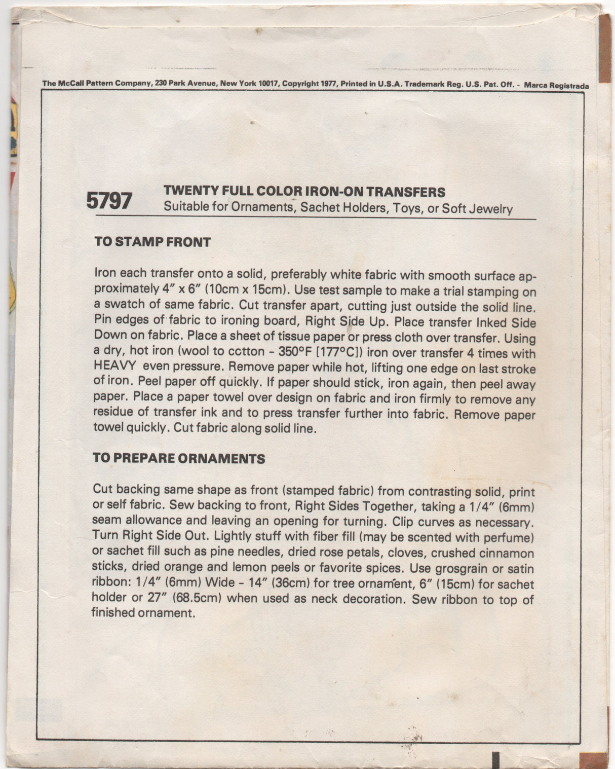 1970's McCall's FULL Color Transfer for ornaments, sachet holder, toys or soft jewelry - UC/FF - No. 5797