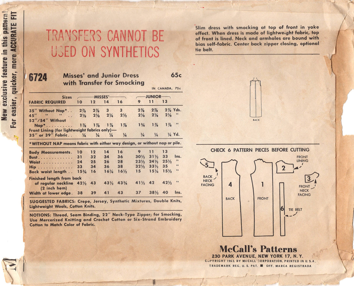 1960's McCall's Smocked Shift Dress - Bust 32" - No. 6724