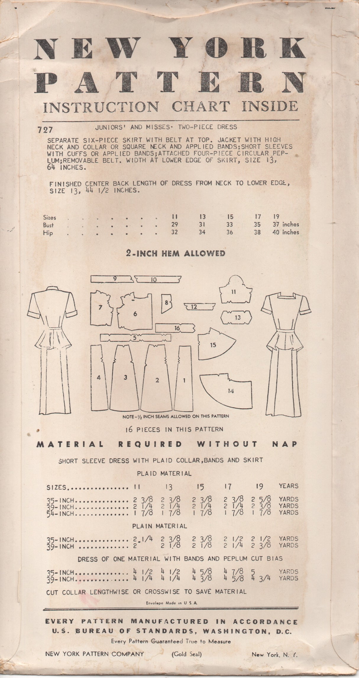 1950's New York Two Piece Dress with 4 piece circular peplum - Bust 31" - No. 727