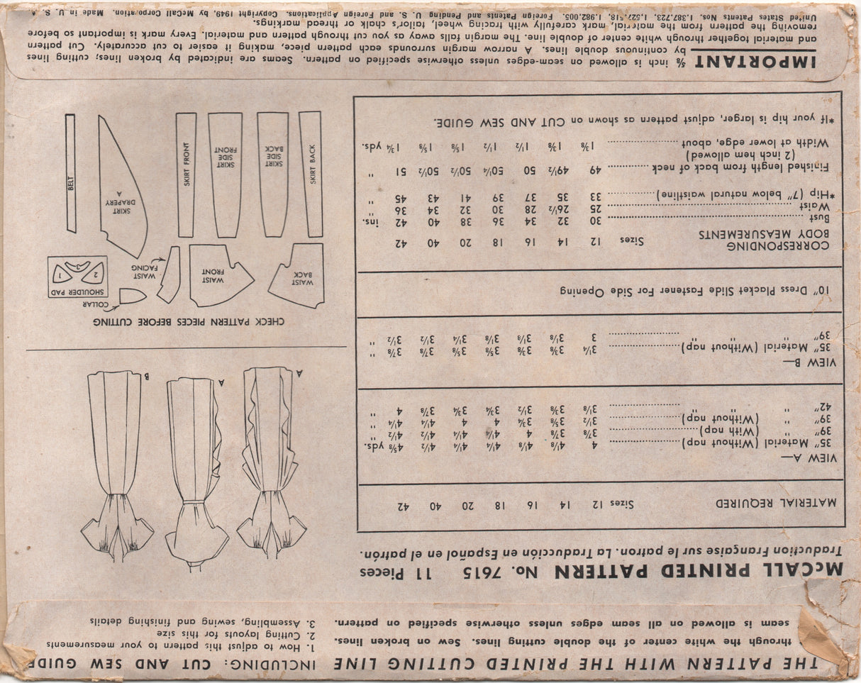 1940's McCall One Piece Dress with Accent Drape on Front Skirt and Rolled Collar - Bust 30" - No. 7615