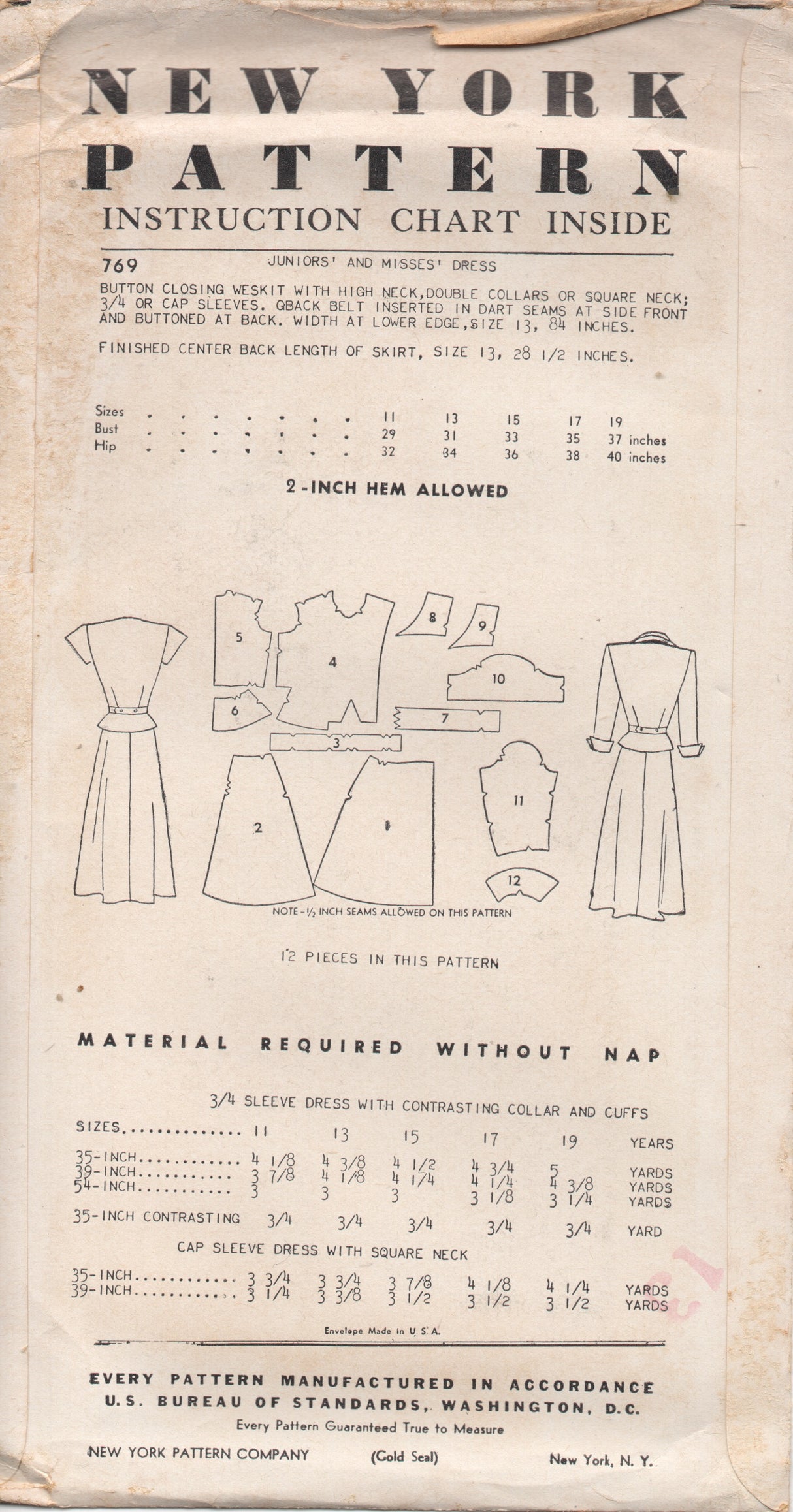 1950's New York Two Piece Dress with Shaped Jacket and Double Collar - Bust 33" - No. 769