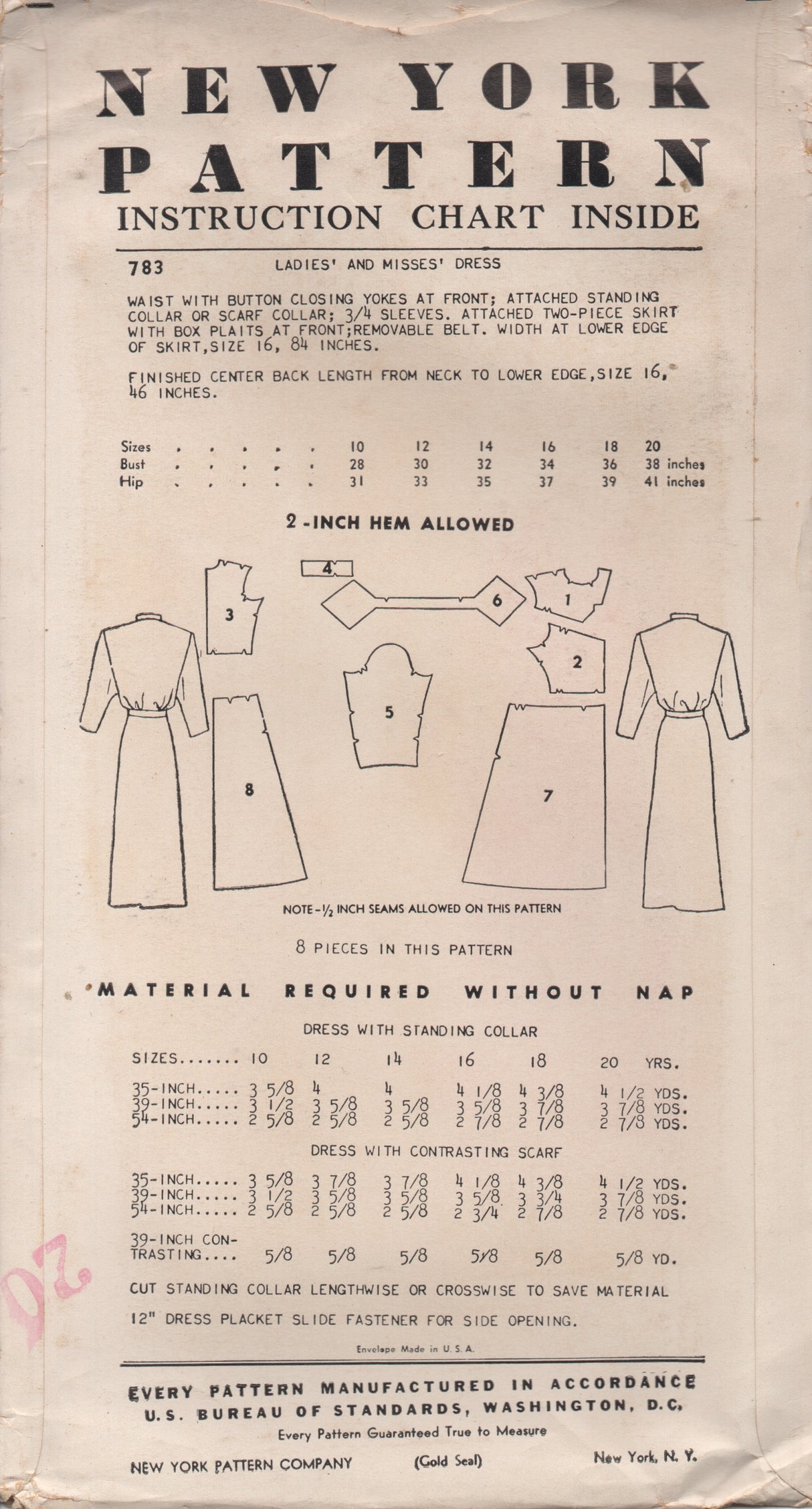 1950's New York One Piece Dress with Stand Collar, Pleated Skirt and Ascot - Bust 30" - No. 783