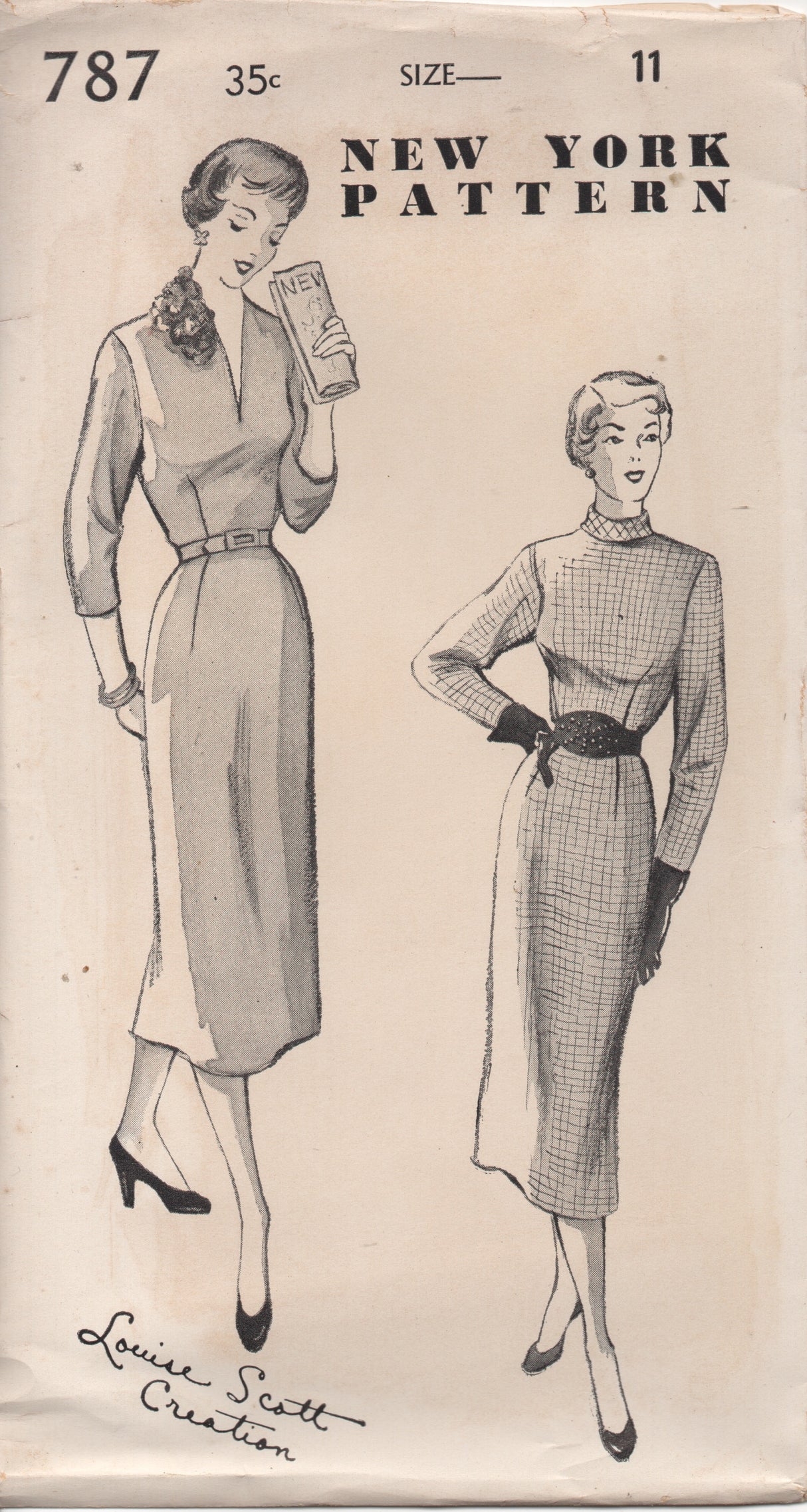1950's New York Slim Fit Sheath Dress with V Neck or Stand Collar and Belt - Bust 29" - No. 787