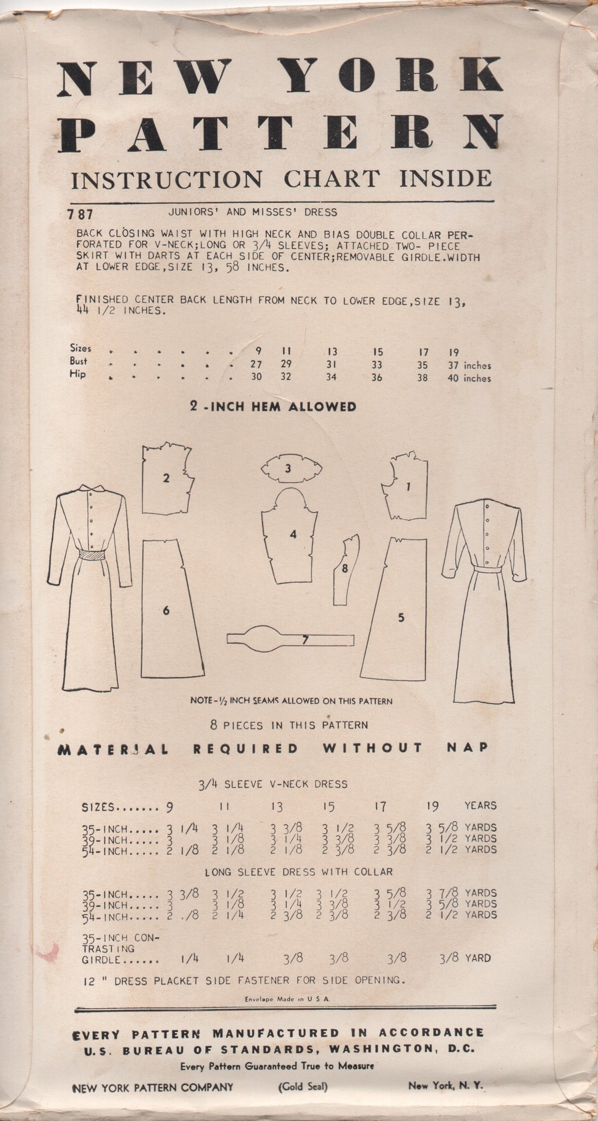 1950's New York Slim Fit Sheath Dress with V Neck or Stand Collar and Belt - Bust 29" - No. 787