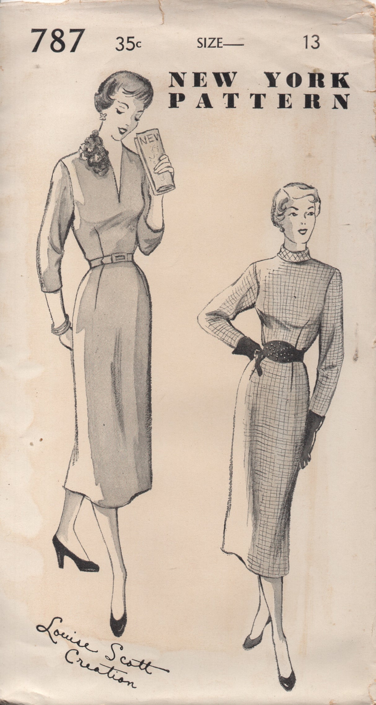 1950's New York Slim Fit Sheath Dress with V Neck or Stand Collar and Belt - Bust 31" - No. 787