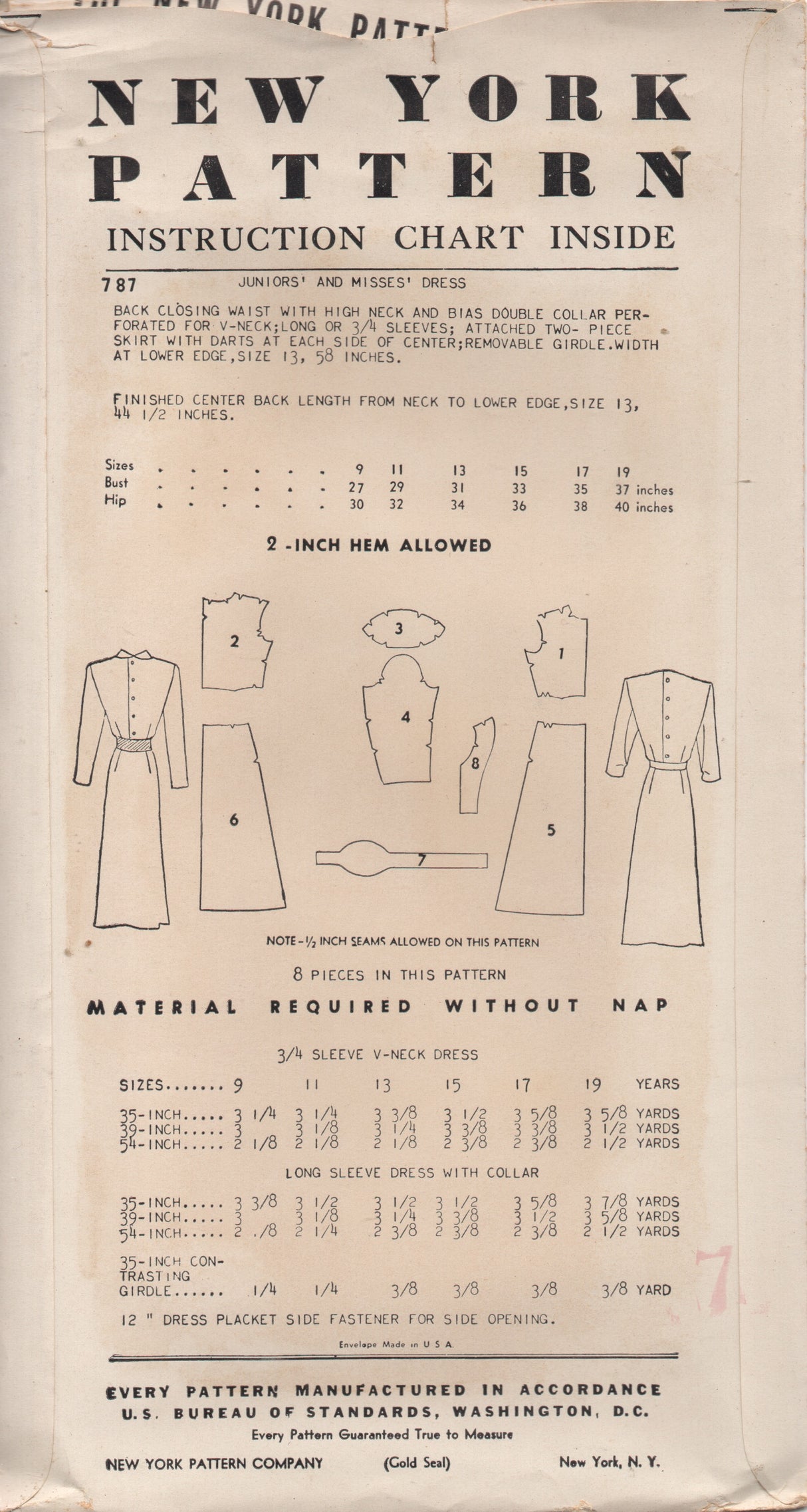 1950's New York Slim Fit Sheath Dress with V Neck or Stand Collar and Belt - Bust 31" - No. 787