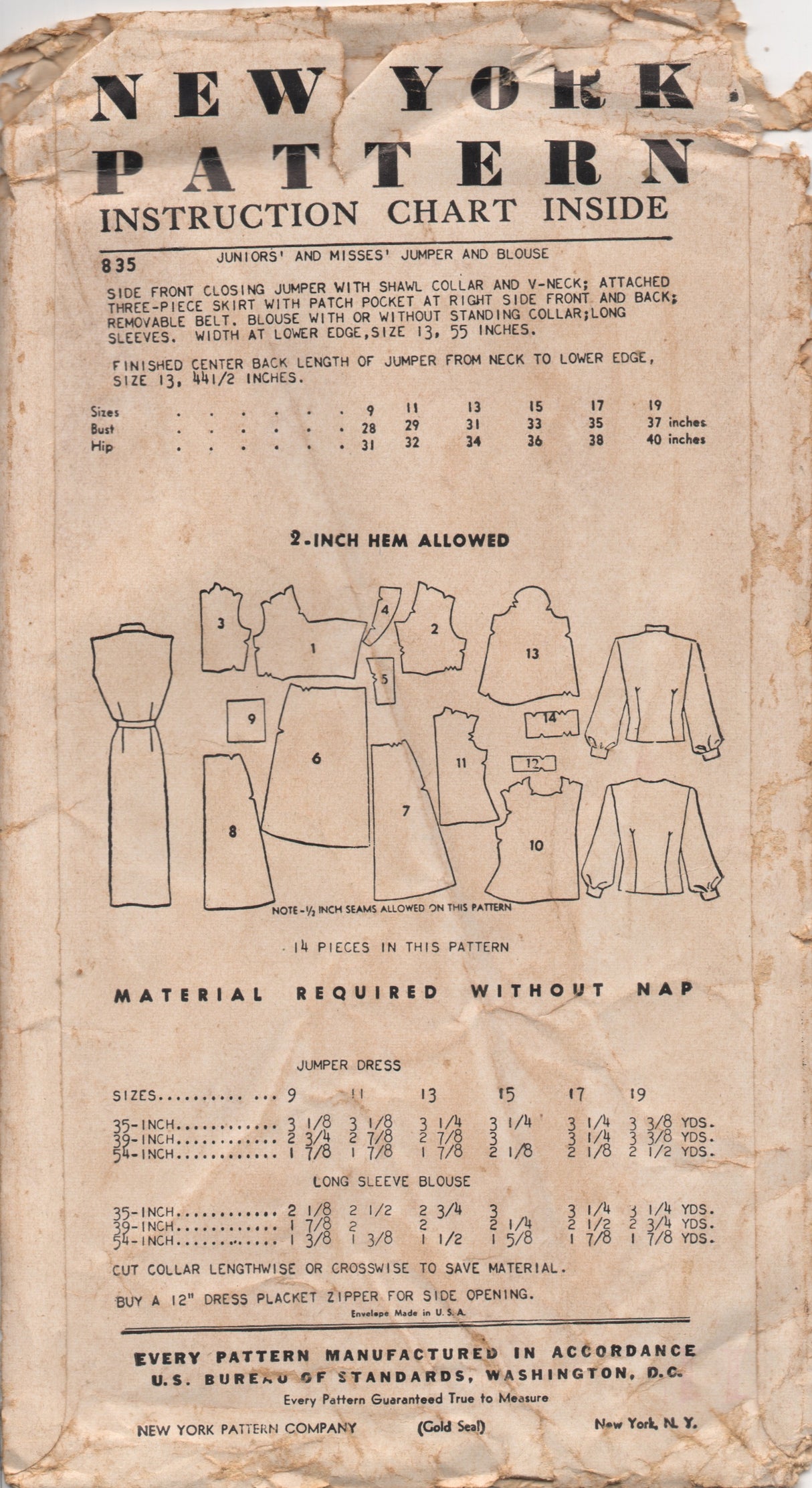 1950's New York Jumper with Right Angle Button Flap and Blouse - Bust 31" - No. 835