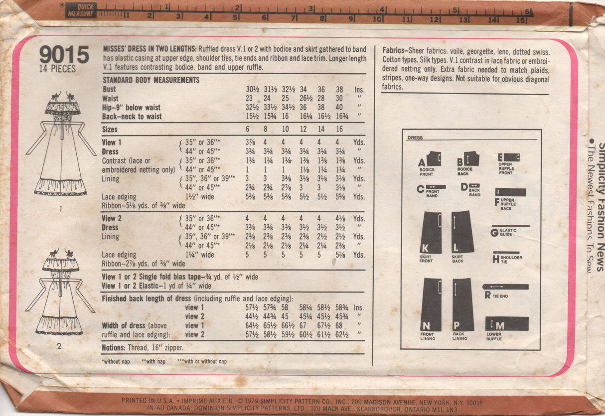 1970's Simplicity One piece Off the shoulder dress with ties - Gunne Sax - Bust 34" - No. 9015