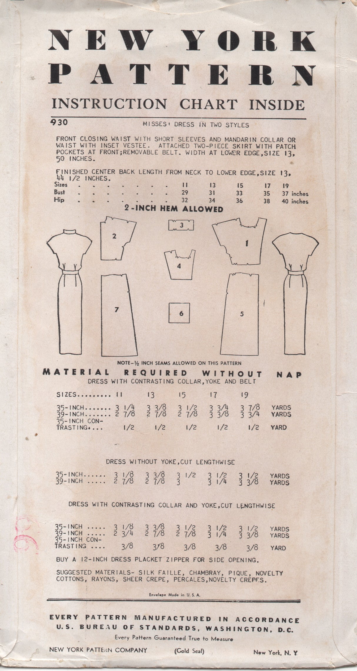 1950's New York One Piece Dress with Stand Collar, Vestee and Patch Pocket - Bust 31" - No. 930