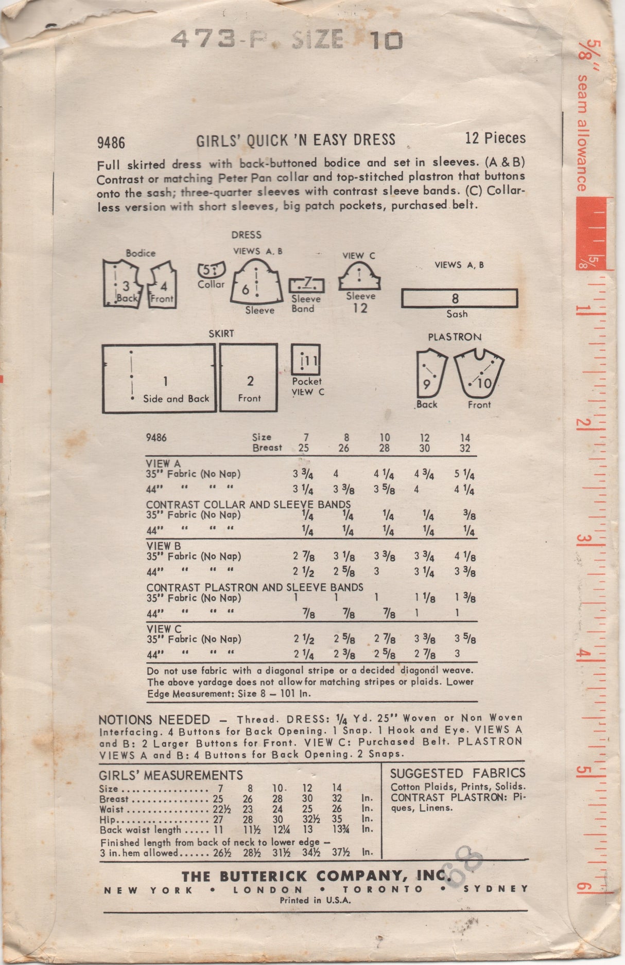 1960's Butterick High Neck Dress with Plastron and pockets  - Chest 28" - No. 9486