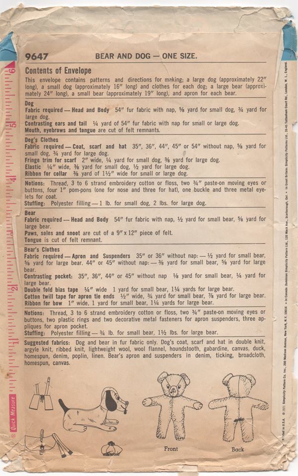 1970's Simplicity Set of Plush Pets (Small and Large Bear and Dog) with clothes - No. 9647