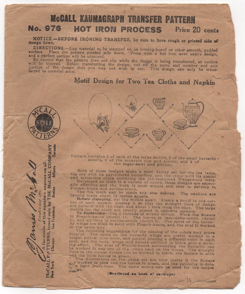 1920's McCall Tea Cloth and Napkin set Transfers - No. 976