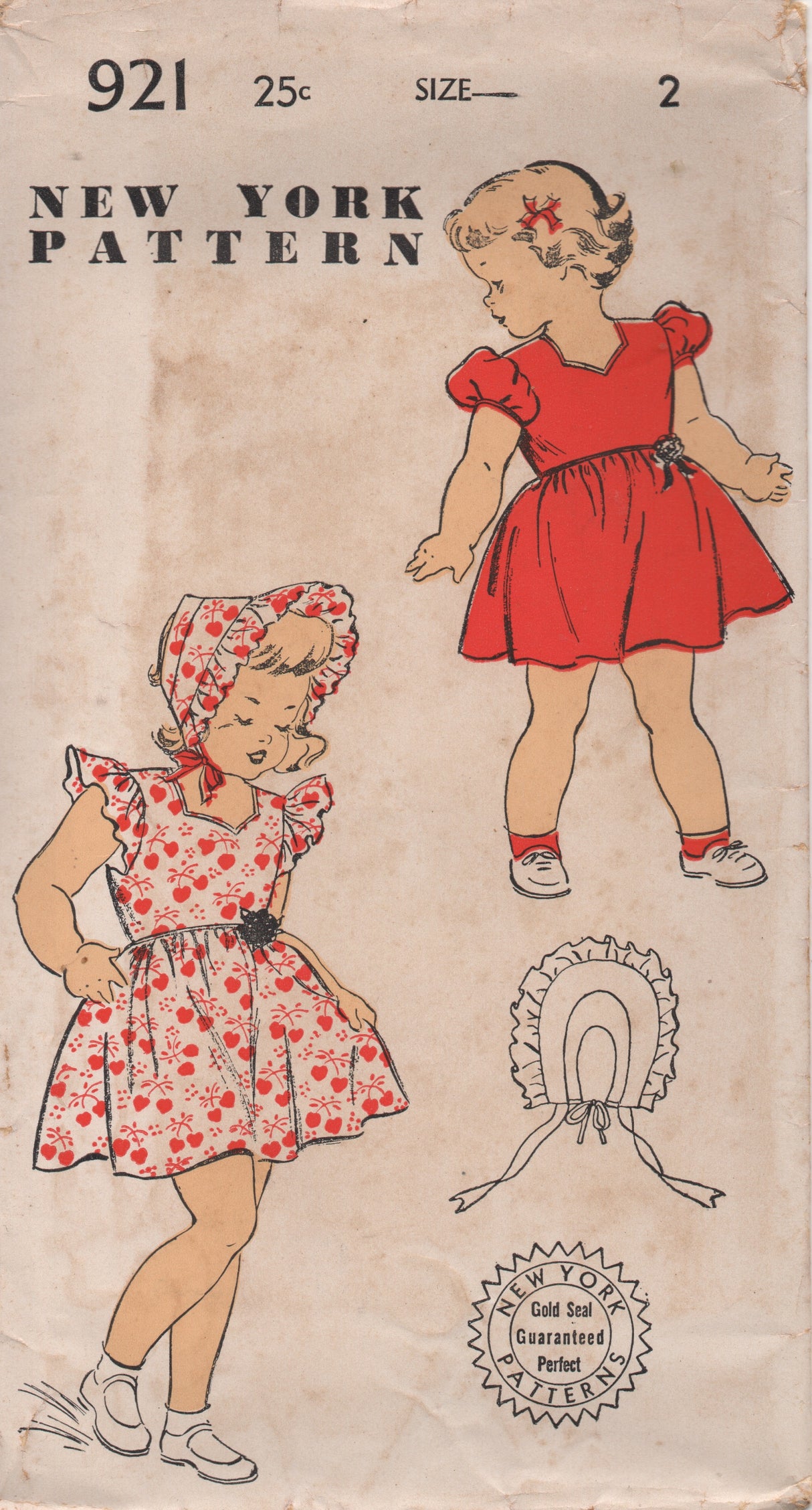 1950's New York Girl's Dress with Ruffle or Puff Sleeves and Bonnet - Chest 21" - No. 921