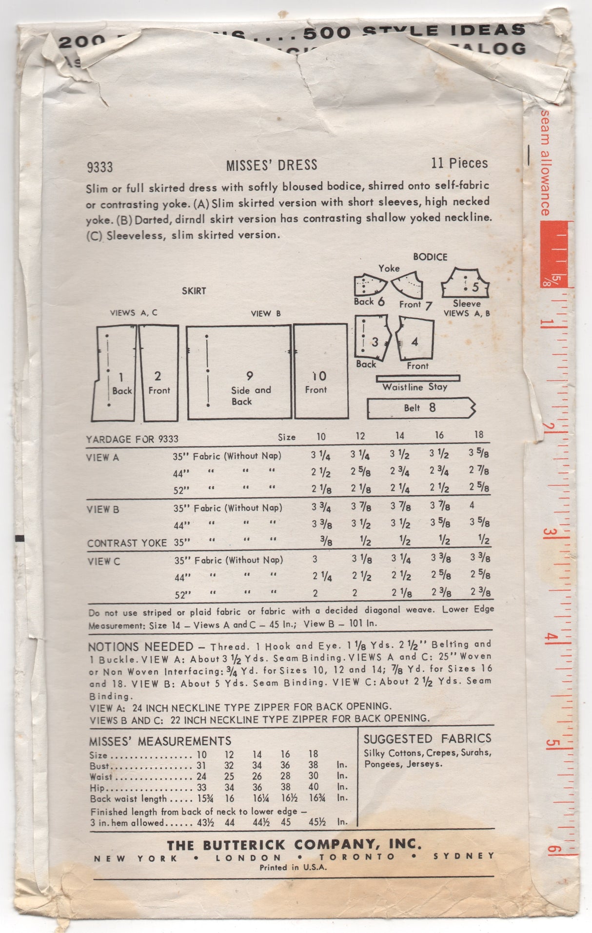 1960's Butterick One Piece Dress with Bateau Neckline and Two Skirt Styles - Bust 32" - No. 9333