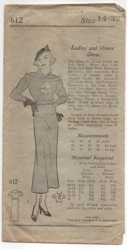 1930’s Mail Order Dress with Rolled Collar, Drop Shoulder and 2 Sleevelengths - Bust 32” - No. 612