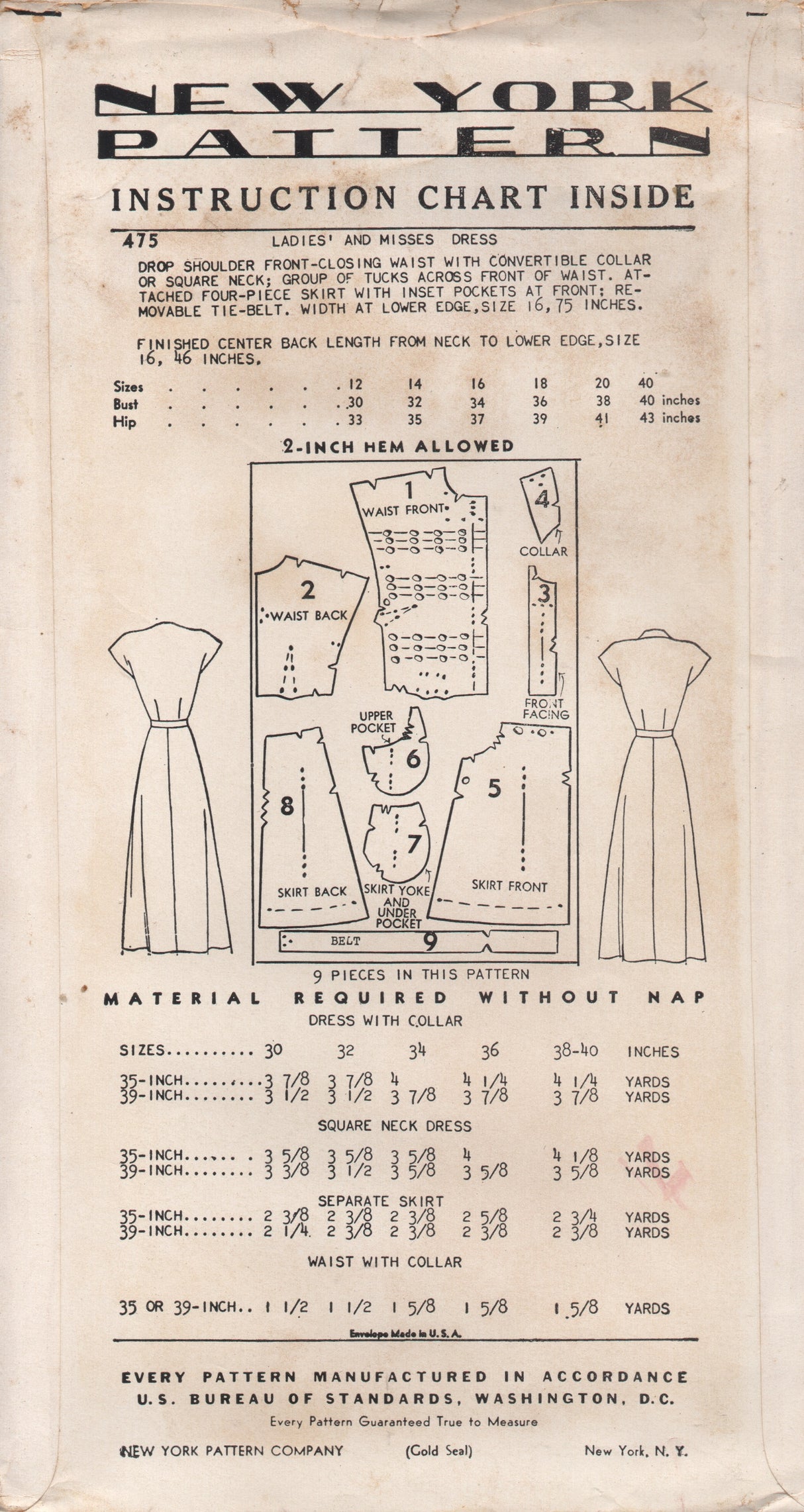 1950's New York One Piece Dress with Pin Tuck Front and Pockets- Bust 32" - UC/FF - No. 475