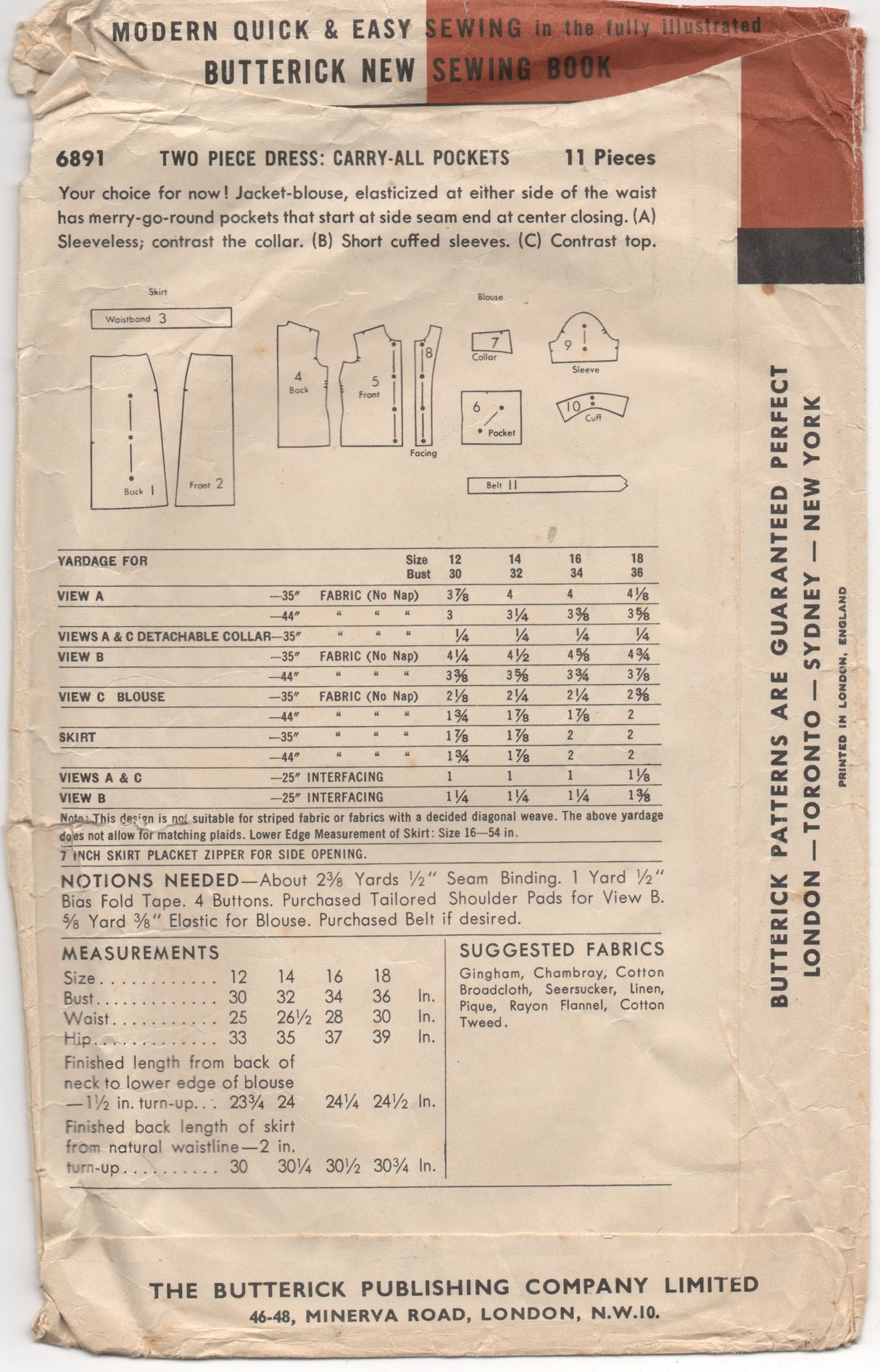 1950's Butterick Two Piece Carry-All Dress with Slim Skirt - Bust 30" - No. 6891