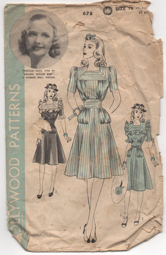 1940's Hollywood One Piece Dress with Square Collar and Ruffles - Bust 34
