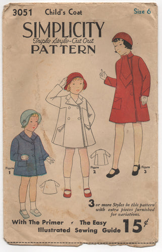 1930's Simplicity Child's Coat in 3 Styles and Tie Pattern - Chest 24