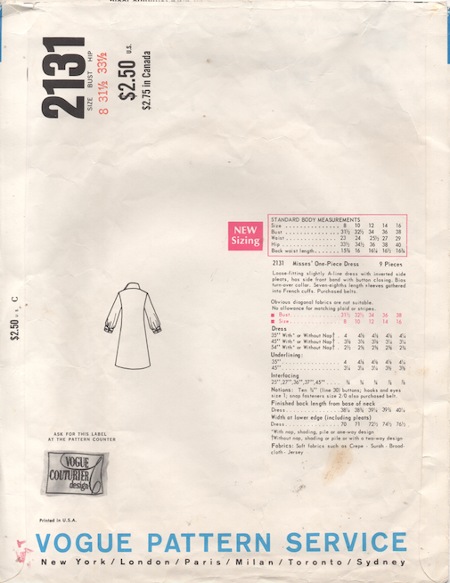 1960's Vogue Couturier Design One Piece A line Dress with tall Stand Collar and Side Buttons - UC/FF - Bust 31.5" - No. 2131