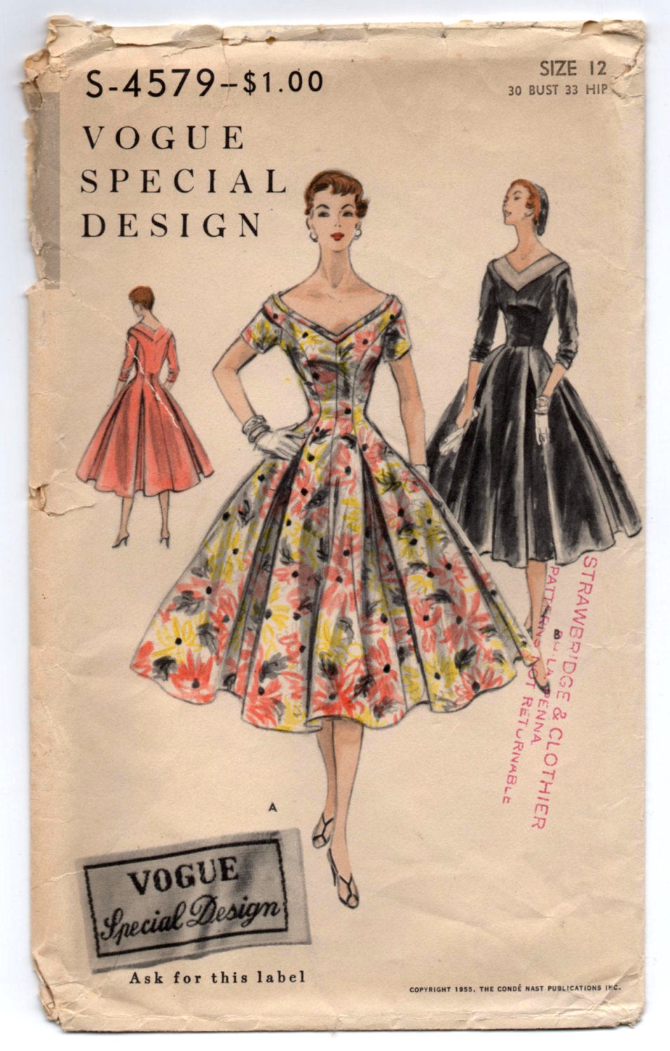 1950's Vogue Special Design Cocktail or Evening Dress Pattern - Bust 30" - No. s4579