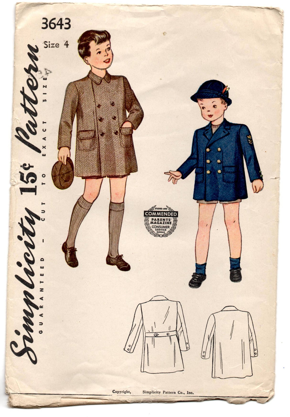 1940's Simplicity Boy's Double Breasted Coat Pattern - 4 years - Chest 23" - No. 3643