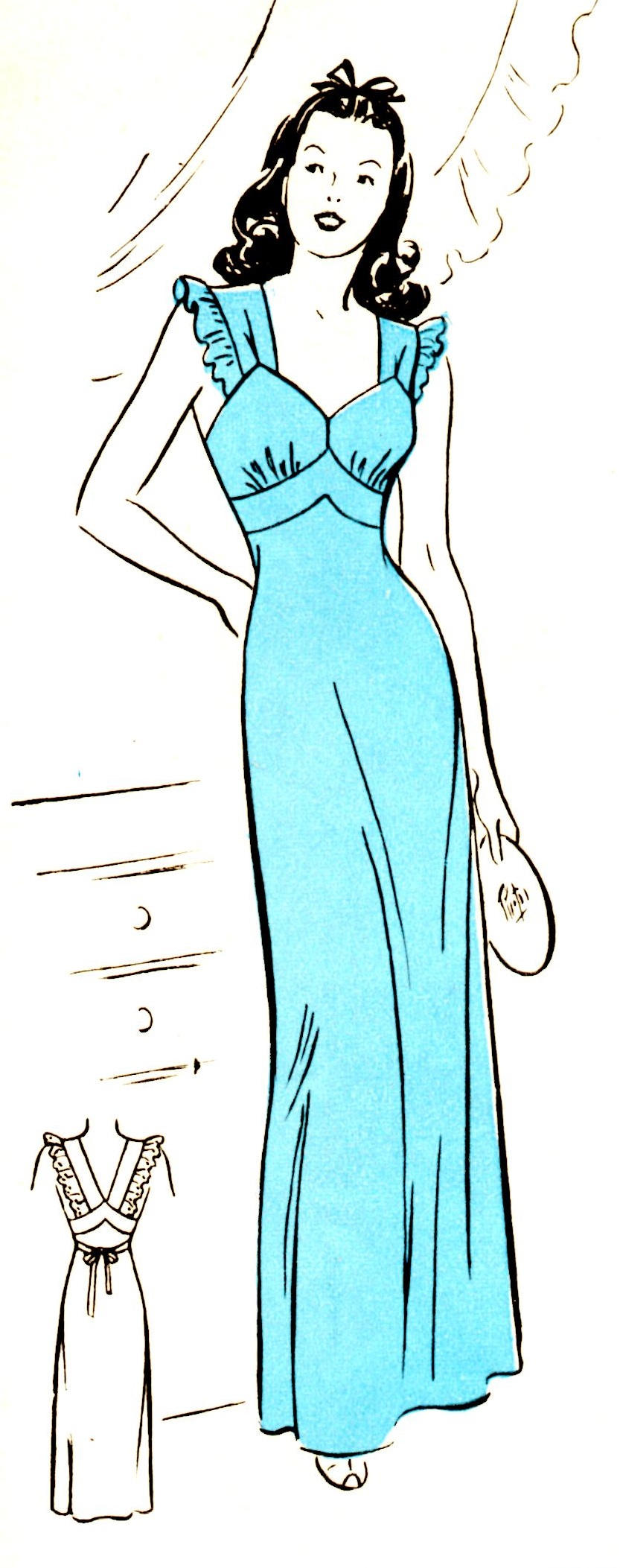1940's Marian Martin Long Nightgown with Bias trim Pattern - Bust 32-34" - PDF Pattern