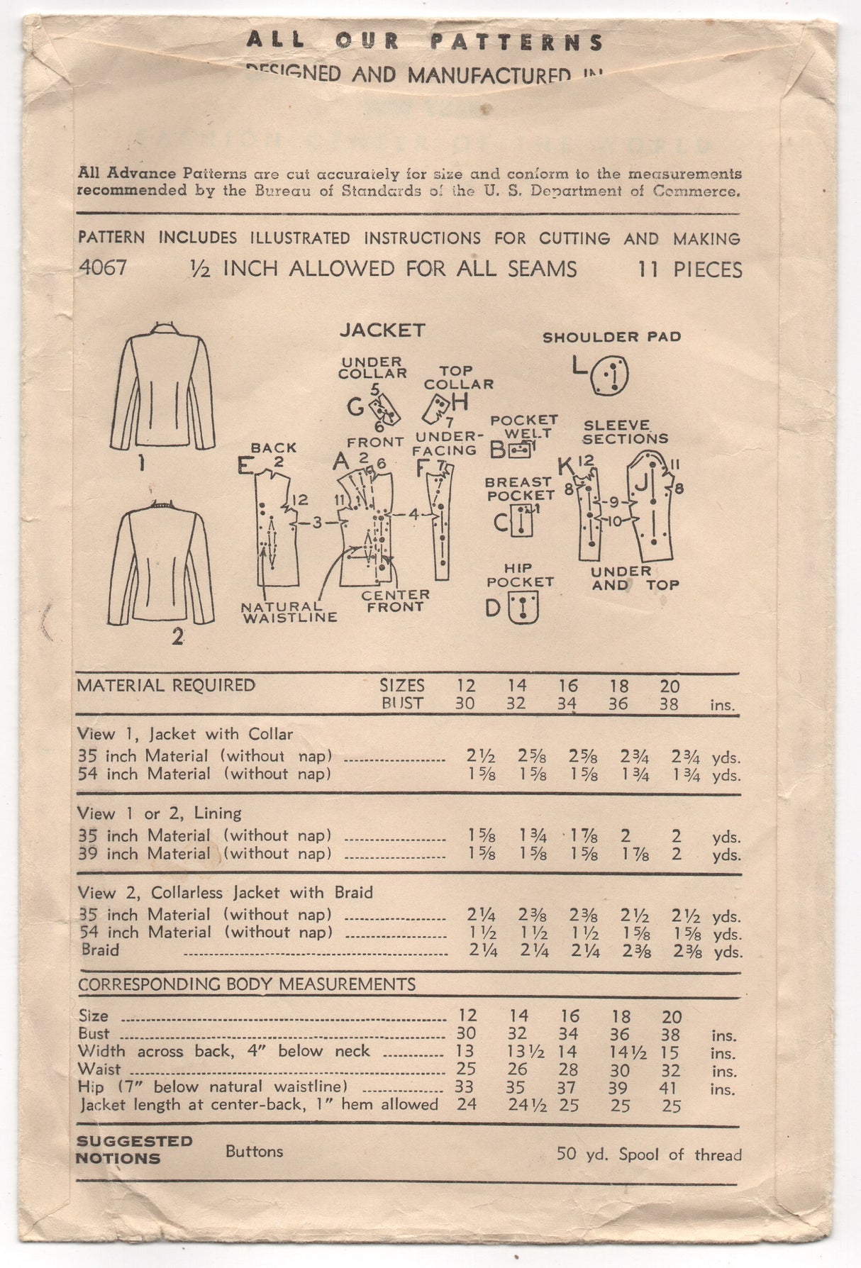 UC/FF - 1940's Advance Jacket with or without Collar - Bust 30" - No. 4067